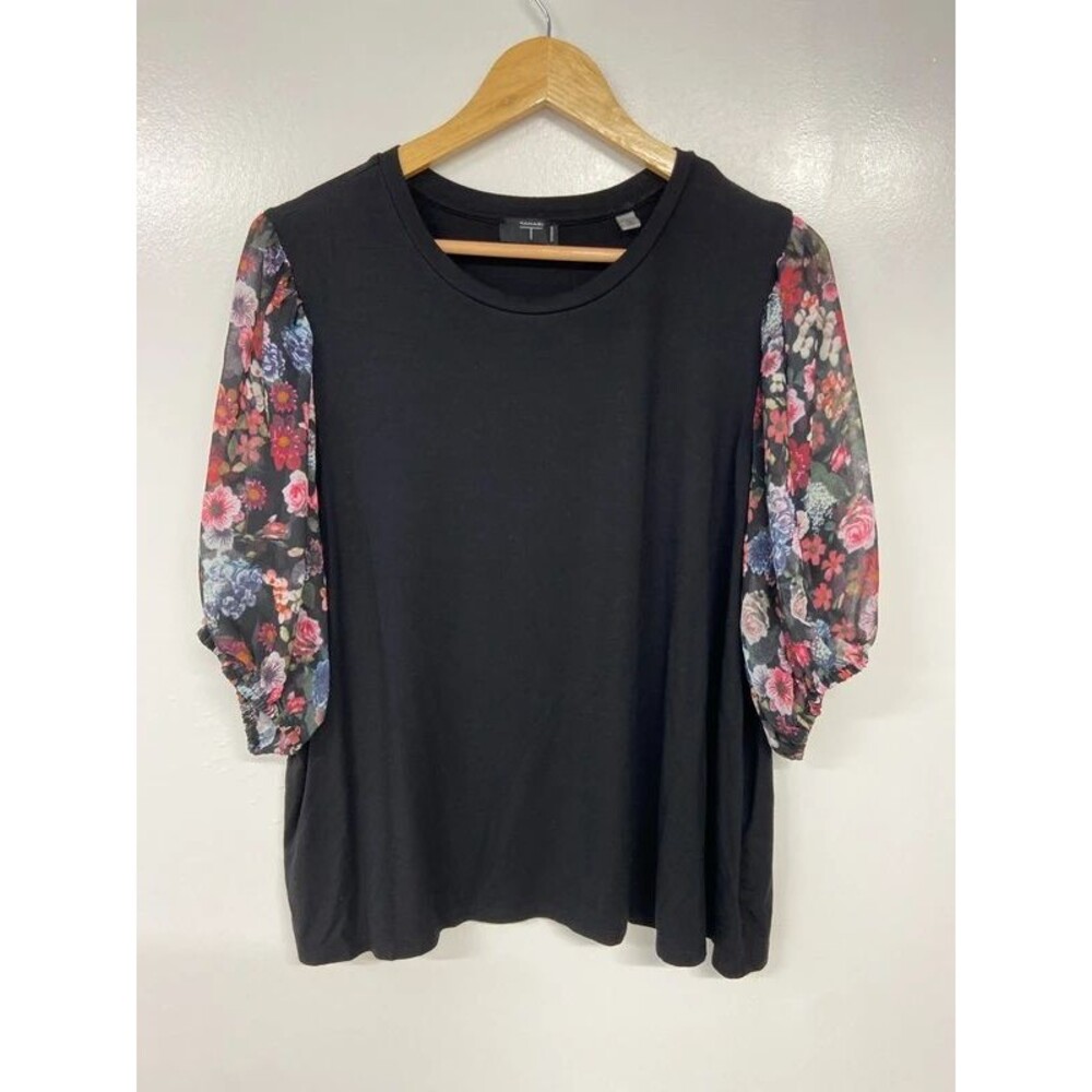 Tahari Woman Sheer Floral Sleeve Black Top Size 2X